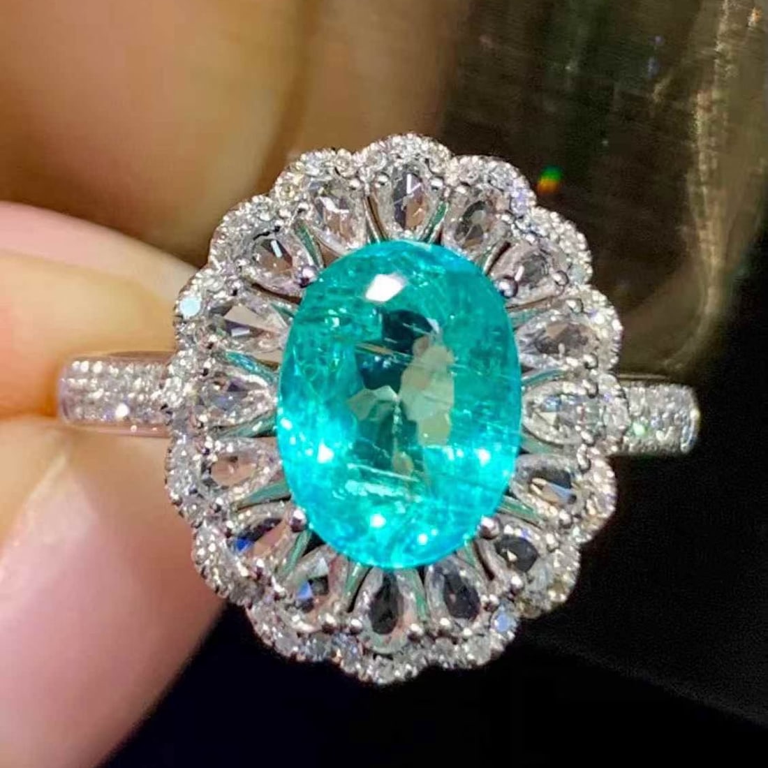 14k Gold 1.8 Ct Natural Paraiba Tourmaline & Diamond & Sapphire Ring - 2