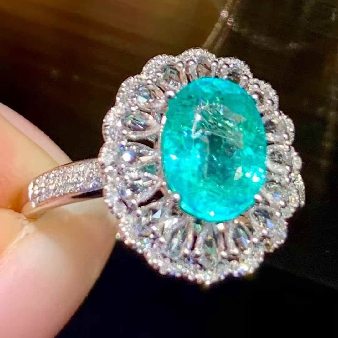 14k Gold 1.8 Ct Natural Paraiba Tourmaline & Diamond & Sapphire Ring - 4