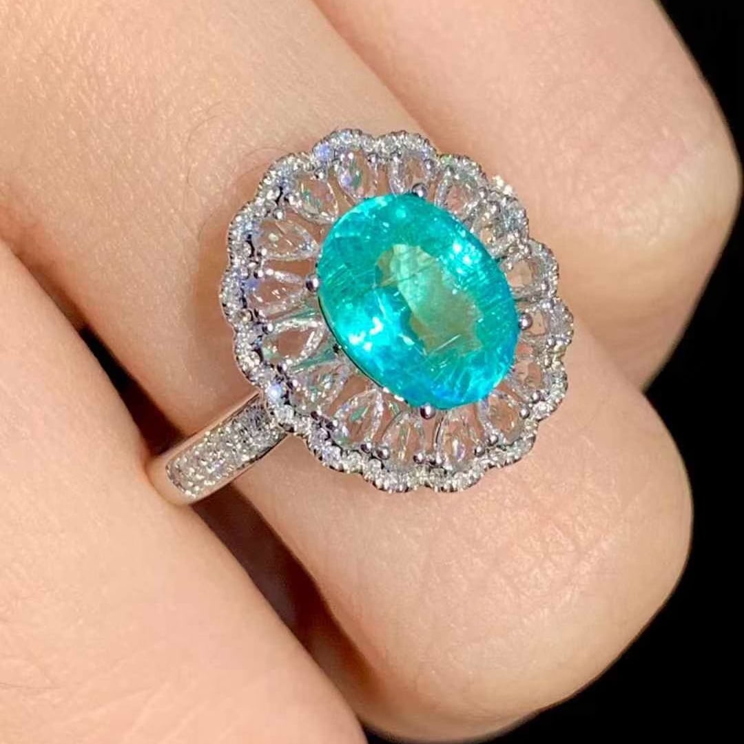 14k Gold 1.8 Ct Natural Paraiba Tourmaline & Diamond & Sapphire Ring - 6