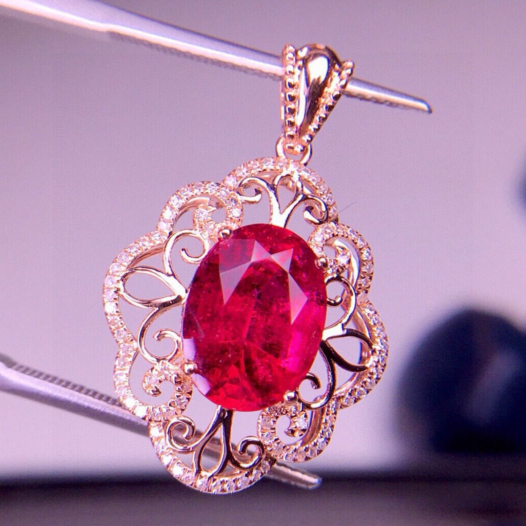14k Gold 3.05 Ct Natural Tourmaline & Diamond Pendant( Without Chain ) - 2