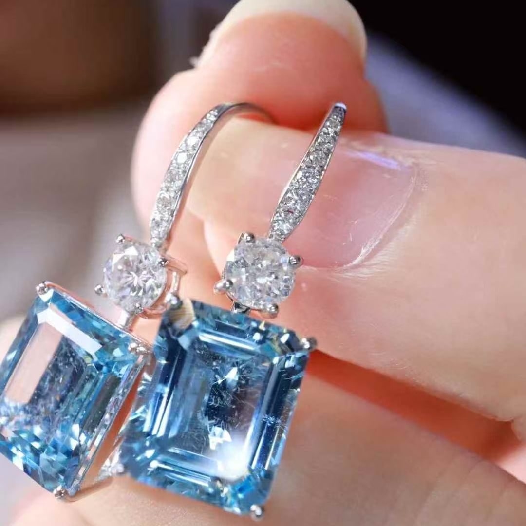 14k Gold 7.11 Ctw Natural Aquamarine & Diamond Earrings - 2