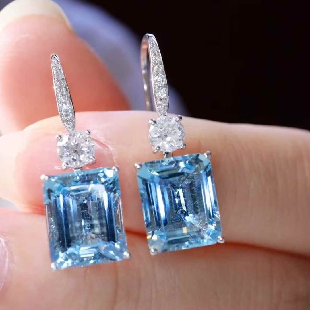 14k Gold 7.11 Ctw Natural Aquamarine & Diamond Earrings - 3