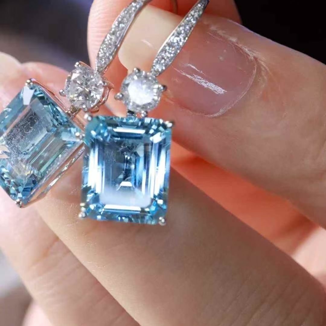 14k Gold 7.11 Ctw Natural Aquamarine & Diamond Earrings - 4