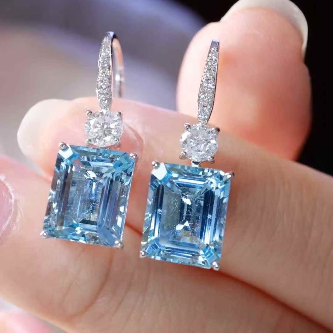 14k Gold 7.11 Ctw Natural Aquamarine & Diamond Earrings - 5