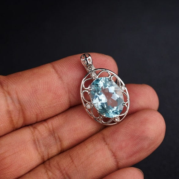 14k Gold 5.57 Ct Natural Aquamarine & Diamond Pendant( Without Chain ) - 7