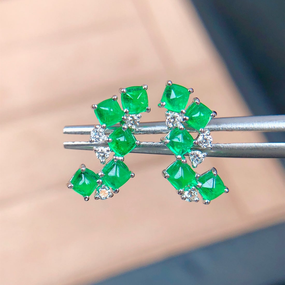 14k Gold 1.20 Ct Natural Emerald & Diamond Earrings - 4