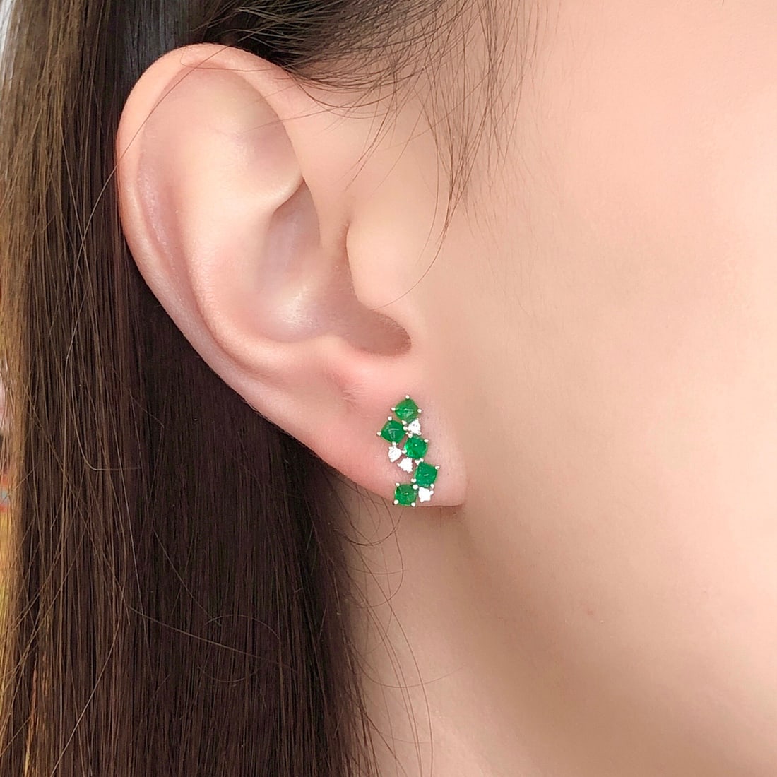 14k Gold 1.20 Ct Natural Emerald & Diamond Earrings - 6