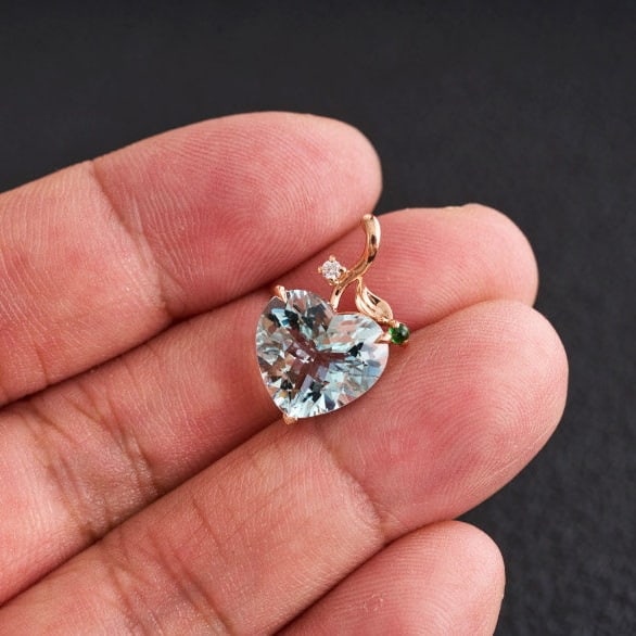 14k Gold 3.77 Ct Natural Aquamarine & Diamond & Tsavorite Pendant( Without Chain ) - 7