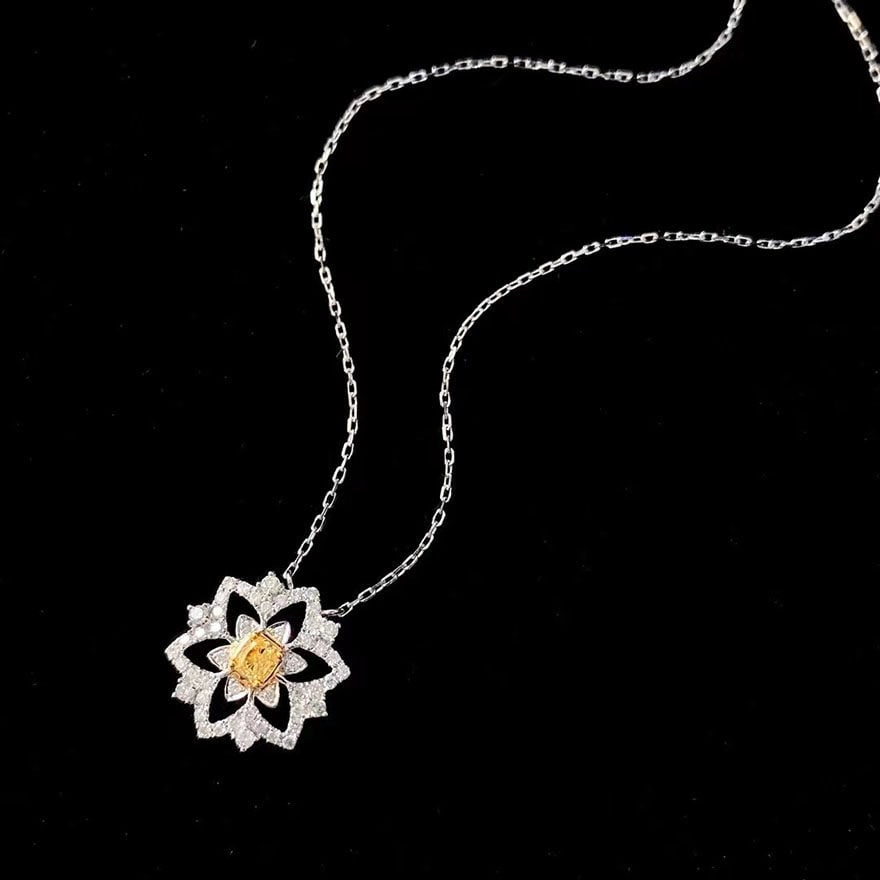 14k Gold 0.15 Ct Natural Yellow Diamond & Diamond Necklace - 2