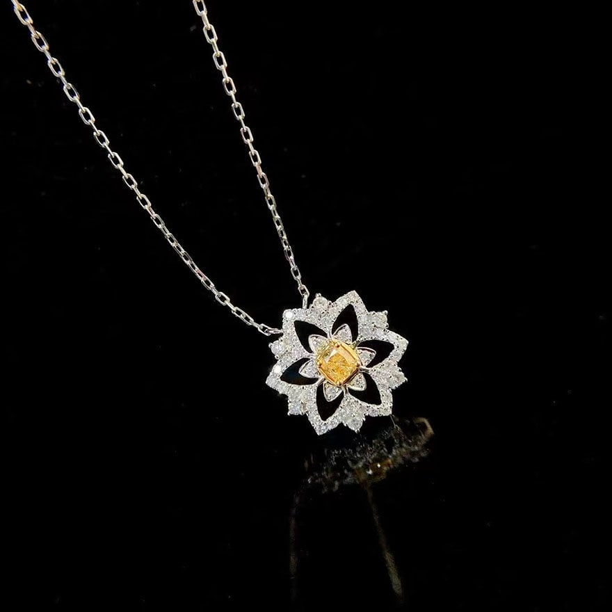 14k Gold 0.15 Ct Natural Yellow Diamond & Diamond Necklace - 3