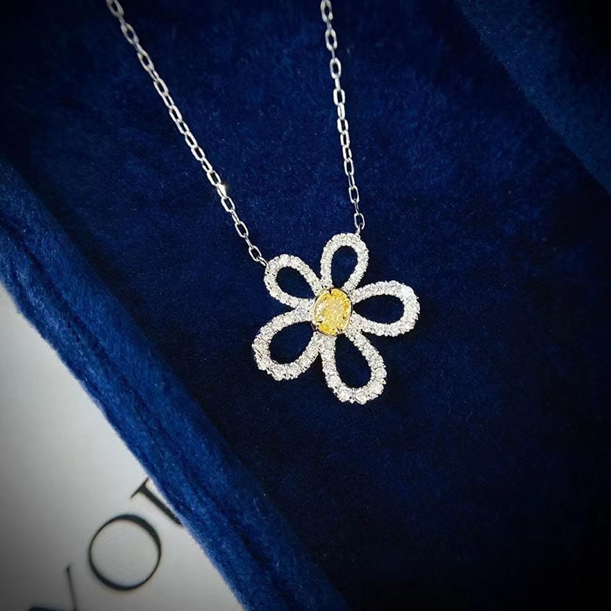14k Gold 0.13 Ct Natural Yellow Diamond & Diamond & Flowers Necklace - 2