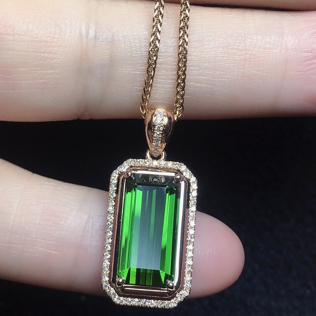 14k Gold 4.25 Ct Natural Tourmaline & Diamond Pendant( Without Chain ) - 2
