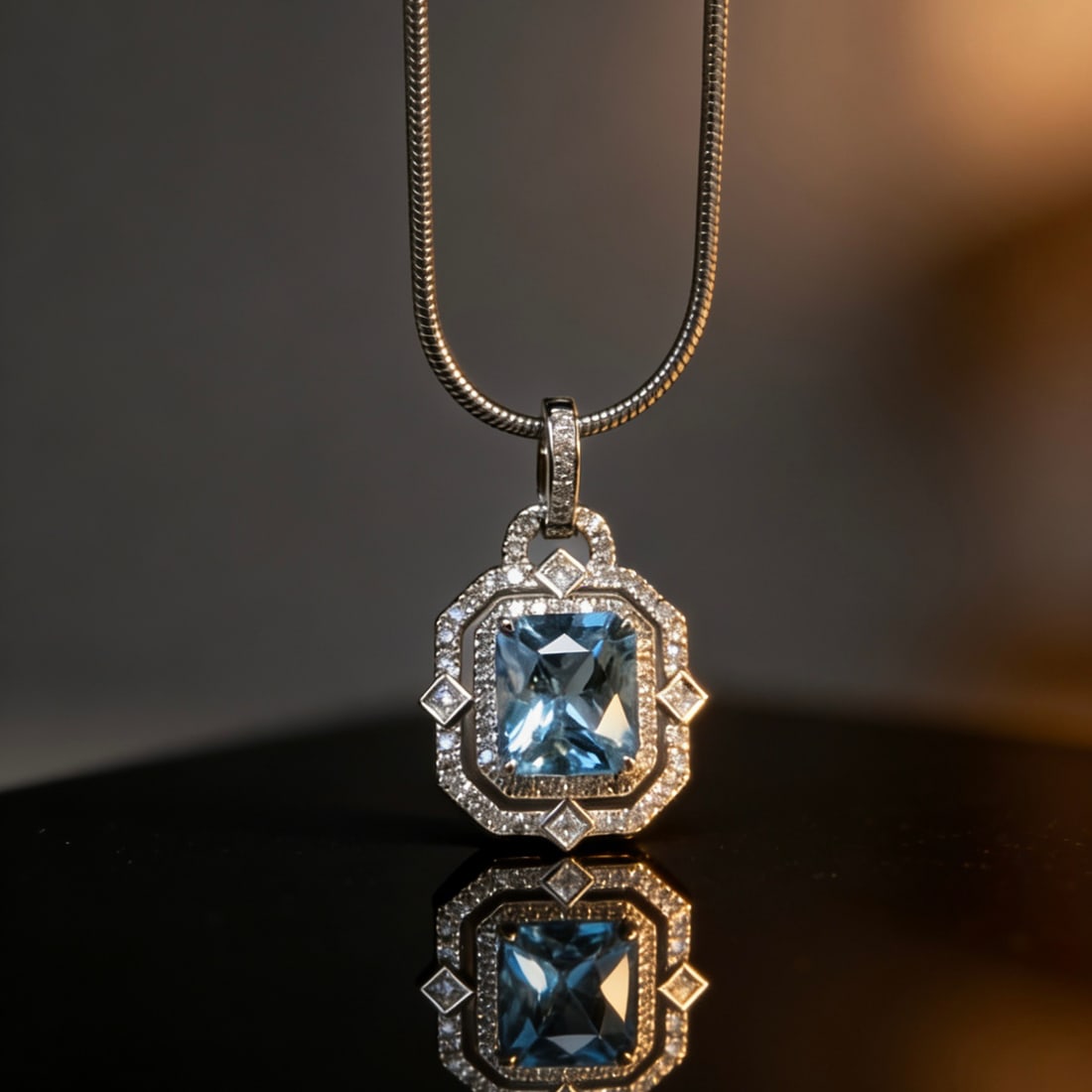 14k Gold 1 Ct Natural Aquamarine & Diamond Pendant( Without Chain ) - 4