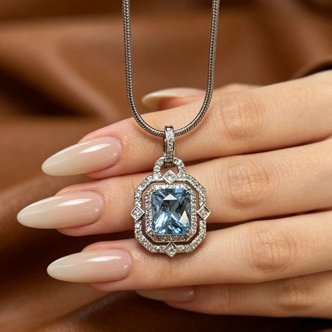 14k Gold 1 Ct Natural Aquamarine & Diamond Pendant( Without Chain ) - 5