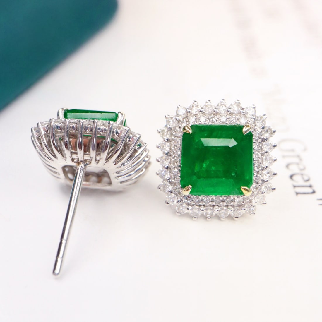 14k Gold 3.30 Ctw Vivid Green Natural Emerald & Diamond Earrings - 3