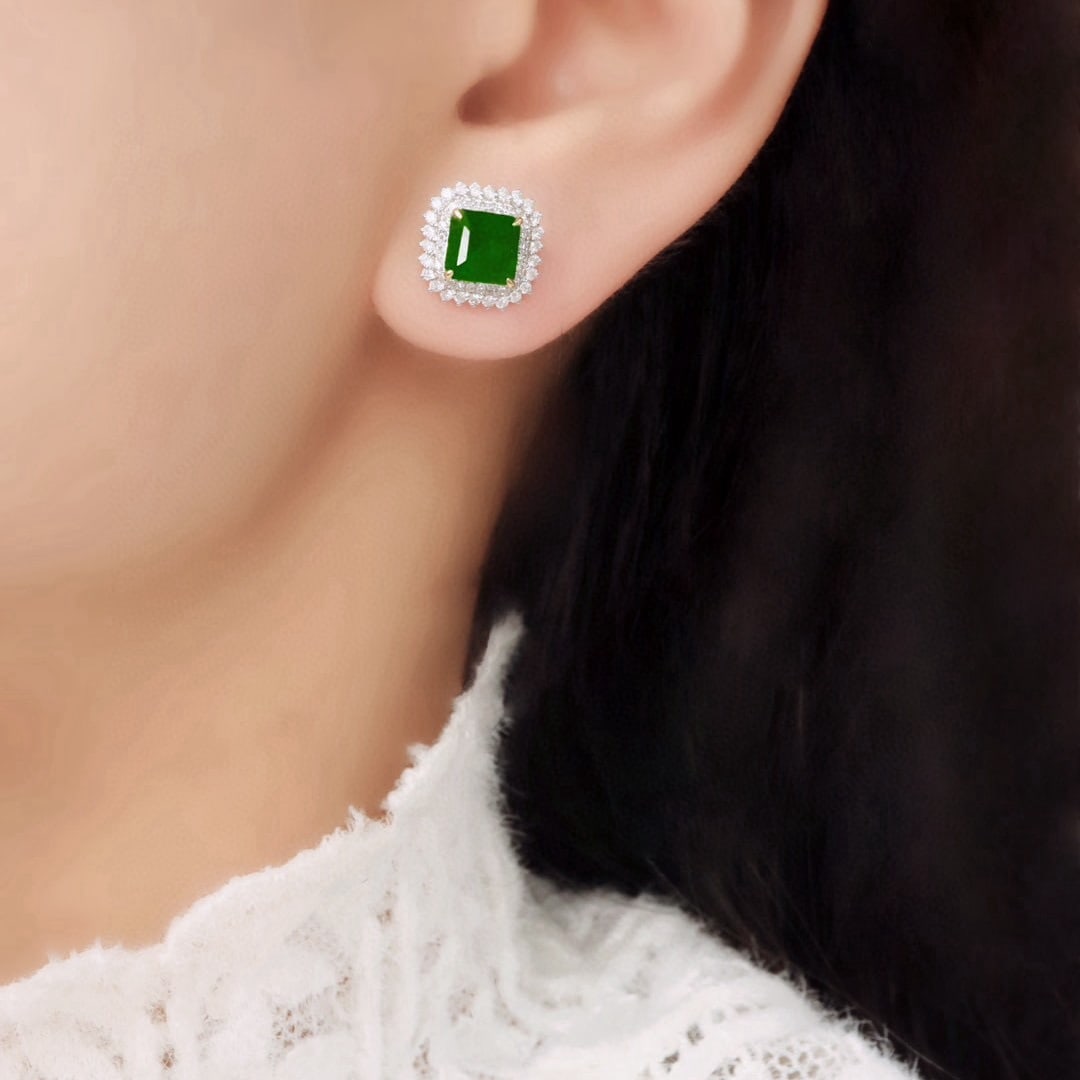 14k Gold 3.30 Ctw Vivid Green Natural Emerald & Diamond Earrings - 5