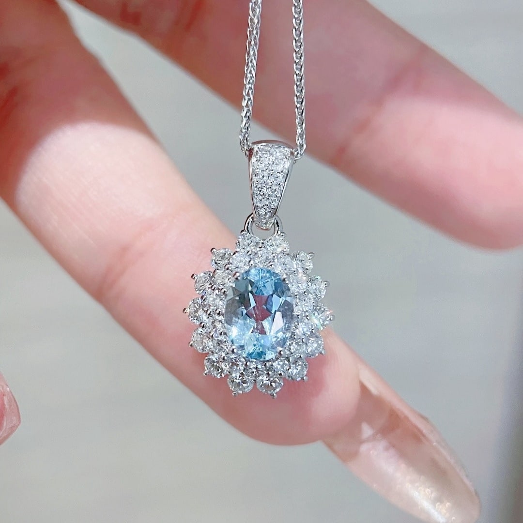 14k Gold 2.5 Ctw Natural Aquamarine & Diamond Pendant( Without Chain ) - 6
