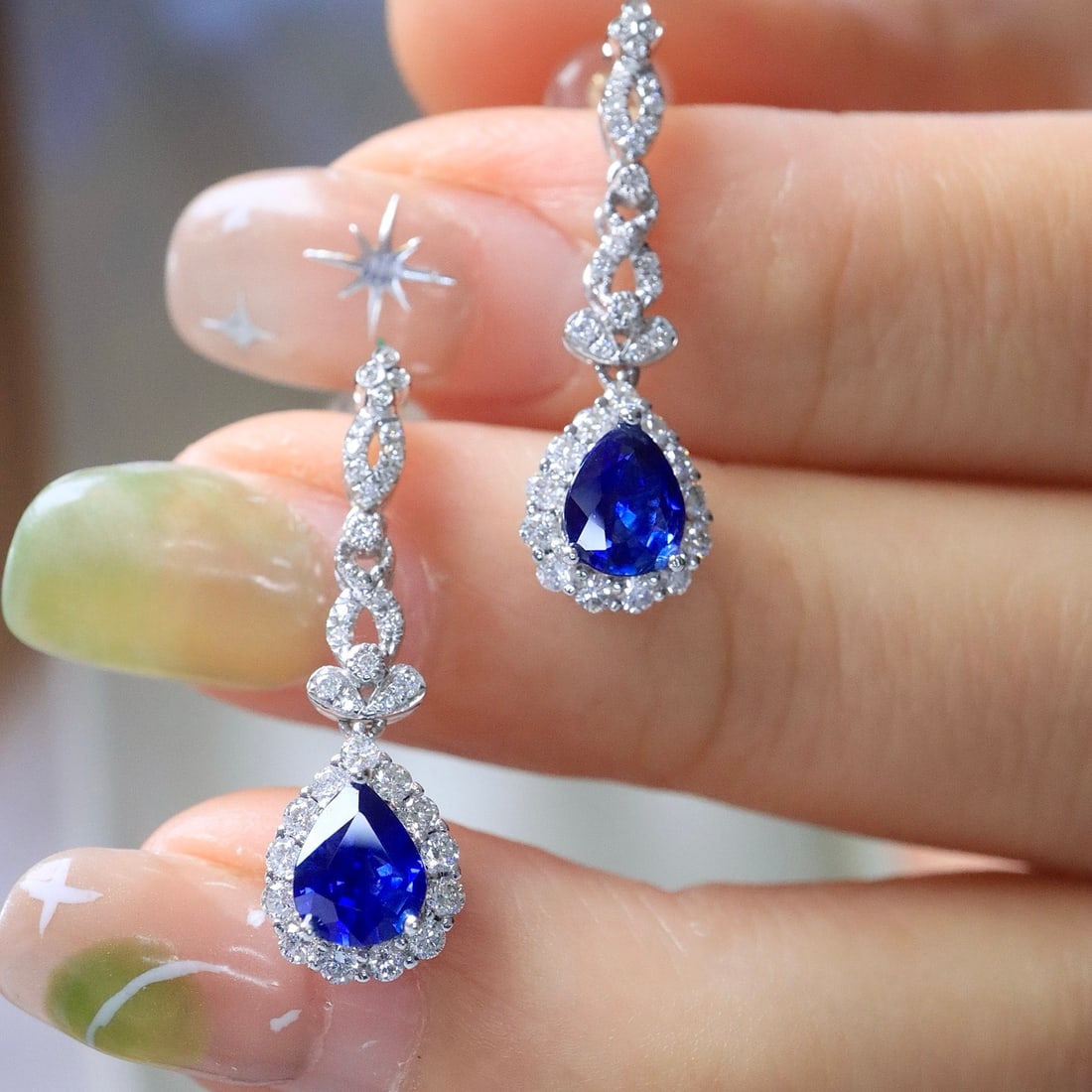 14k Gold 1.62 Ctw Vivid Blue Natural Sapphire & Diamond Earrings - 2