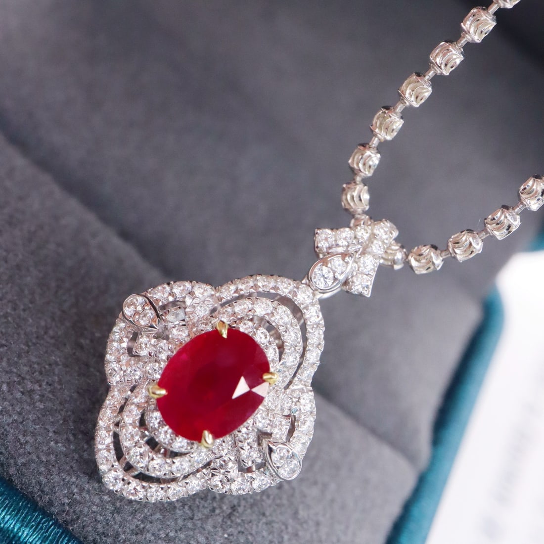 14k Gold 1.58 Ctw Vivid Red Natural Ruby & Diamond Pendant( Without Chain ): Ref:231150162 // gold content:14k gold // main gemstone:ruby // shape:oval // carat weight:1. 23ct // color:vivid red // treatment:natural // // adjacent gemstone 2 : diamond // shape:round // carat w