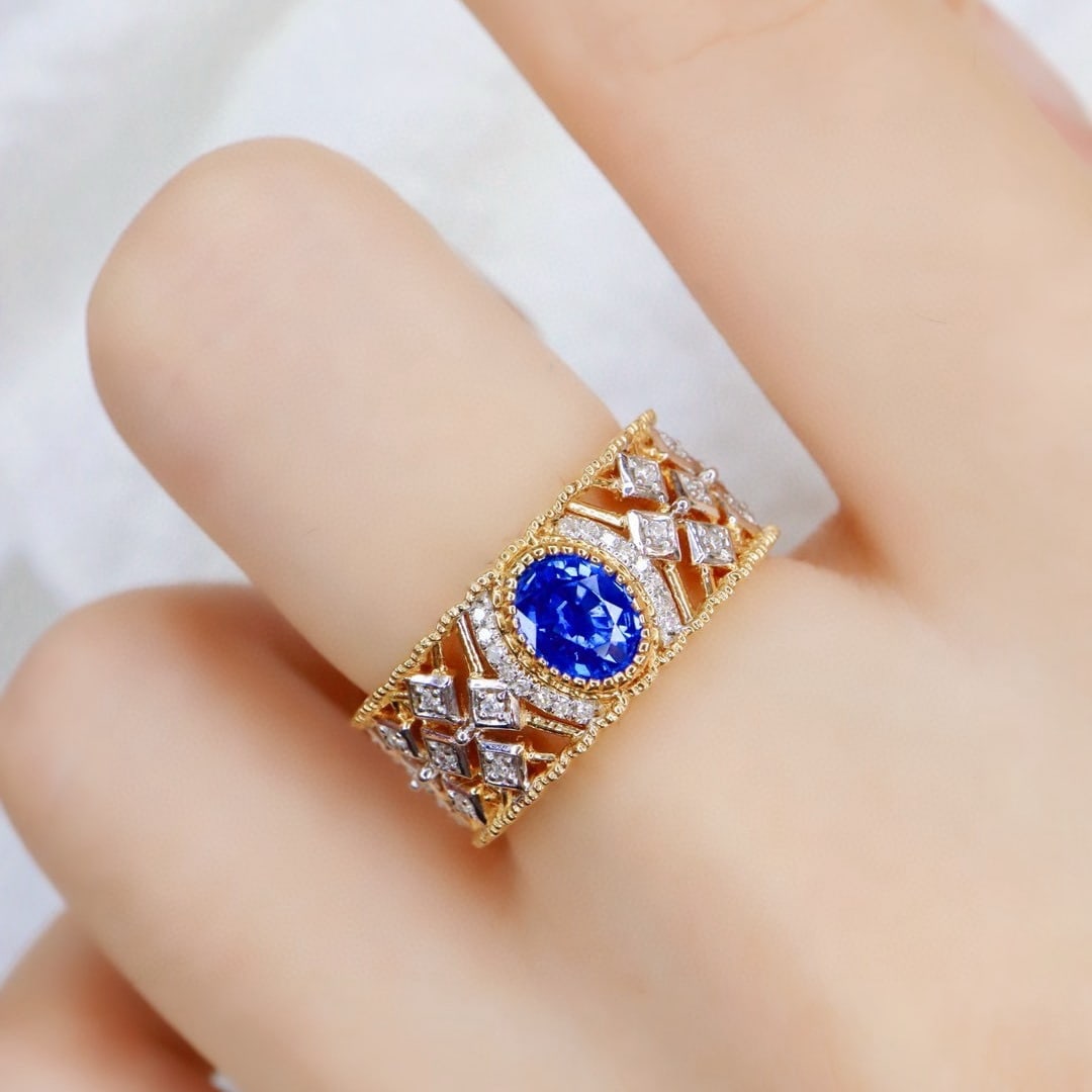14k Gold 1.07 Ctw Vivid Blue Natural Sapphire & Diamond Ring - 5