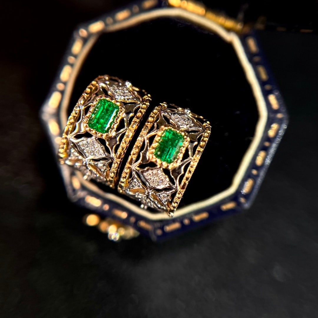 14k Gold 0.45 Ctw Vivid Green Natural Emerald & Diamond Earrings - 2