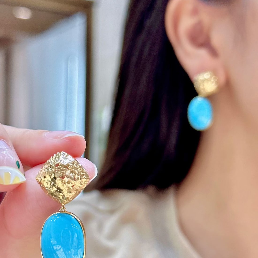 14k Gold 16.6 Ct Natural Blue Turquoise Earrings - 6