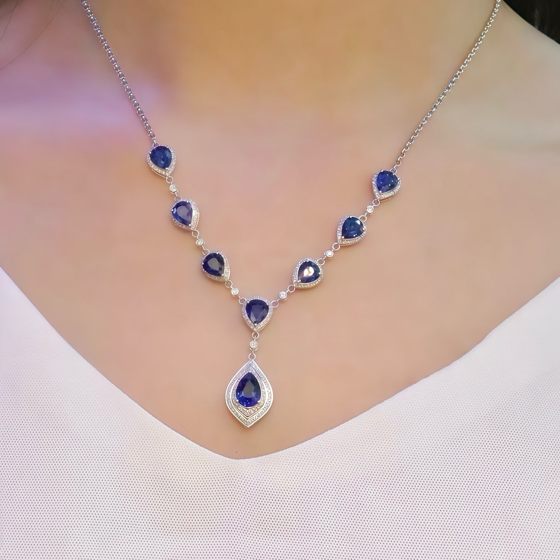 14k Gold 7.15 Ctw Natural Sapphire & Diamond Necklace - 5