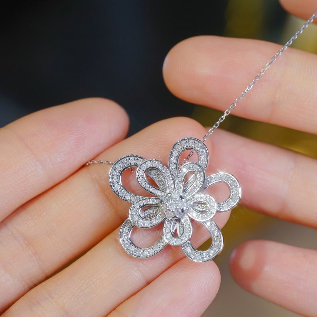 14k Gold 0.85 Ct Natural H Diamond & Flowers Necklace - 6
