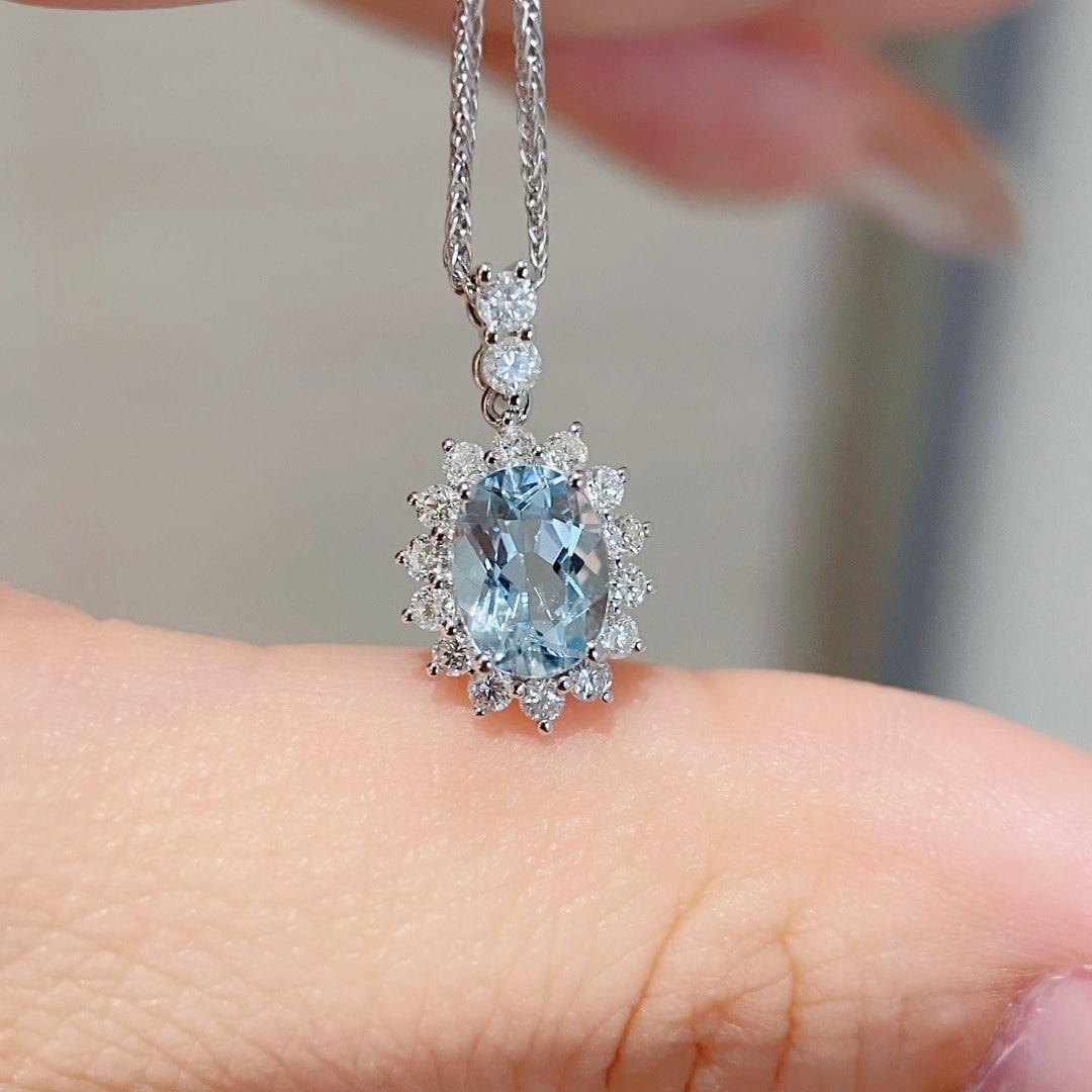 14k Gold 1.30 Ctw Natural Aquamarine & Diamond Pendant( Without Chain ) - 4