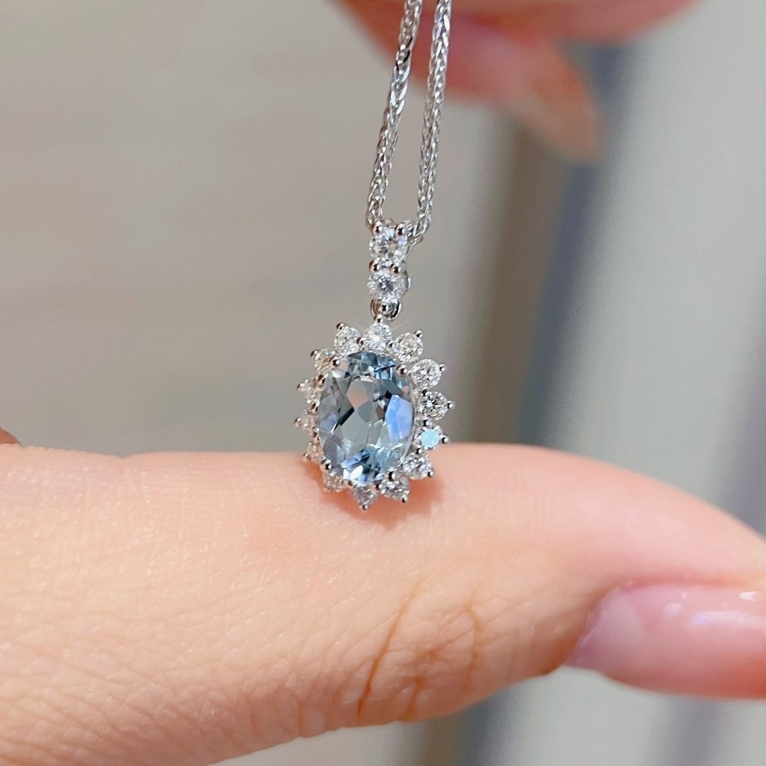 14k Gold 1.30 Ctw Natural Aquamarine & Diamond Pendant( Without Chain ) - 6