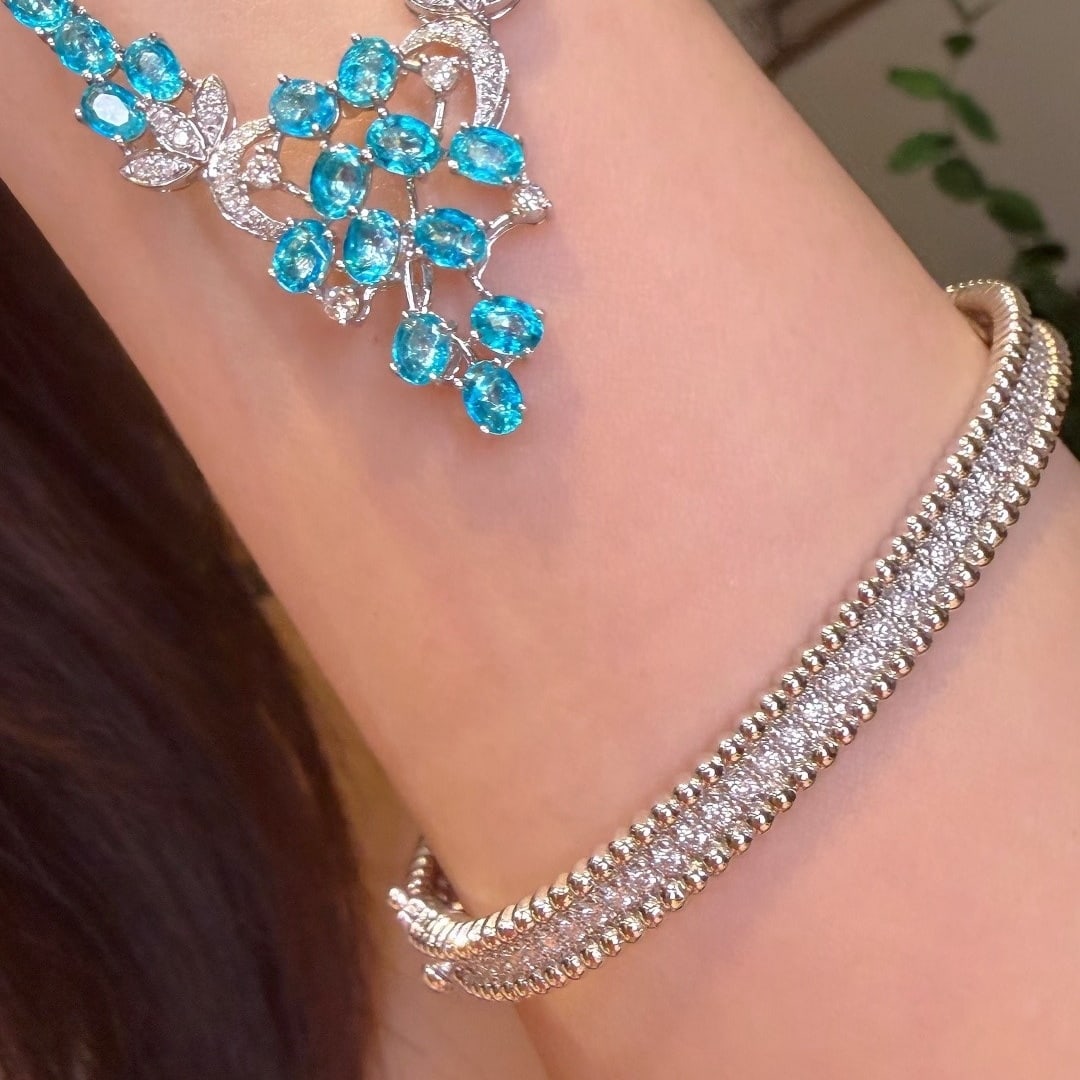 14k Gold 3.2 Ct Natural Paraiba Tourmaline & Diamond Necklace - 2