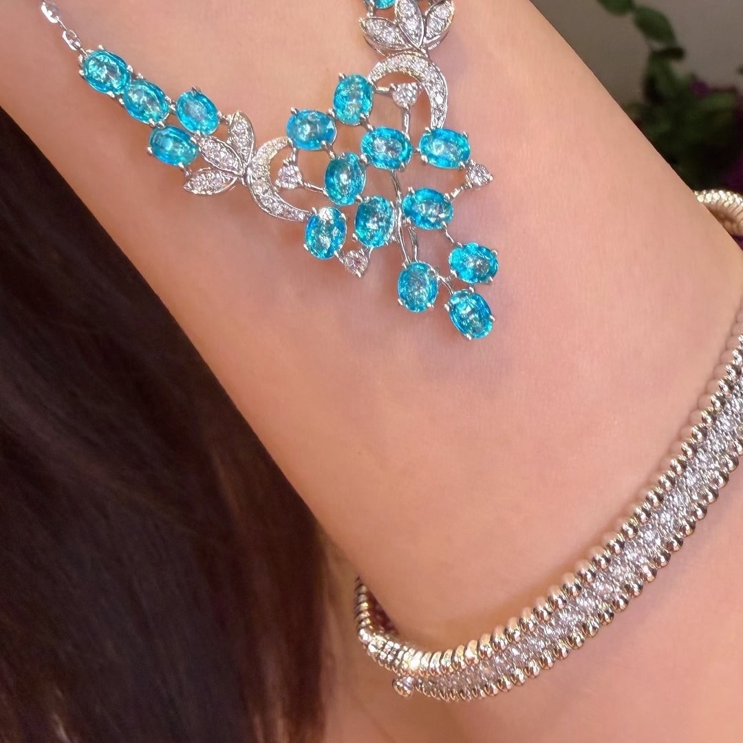 14k Gold 3.2 Ct Natural Paraiba Tourmaline & Diamond Necklace - 3
