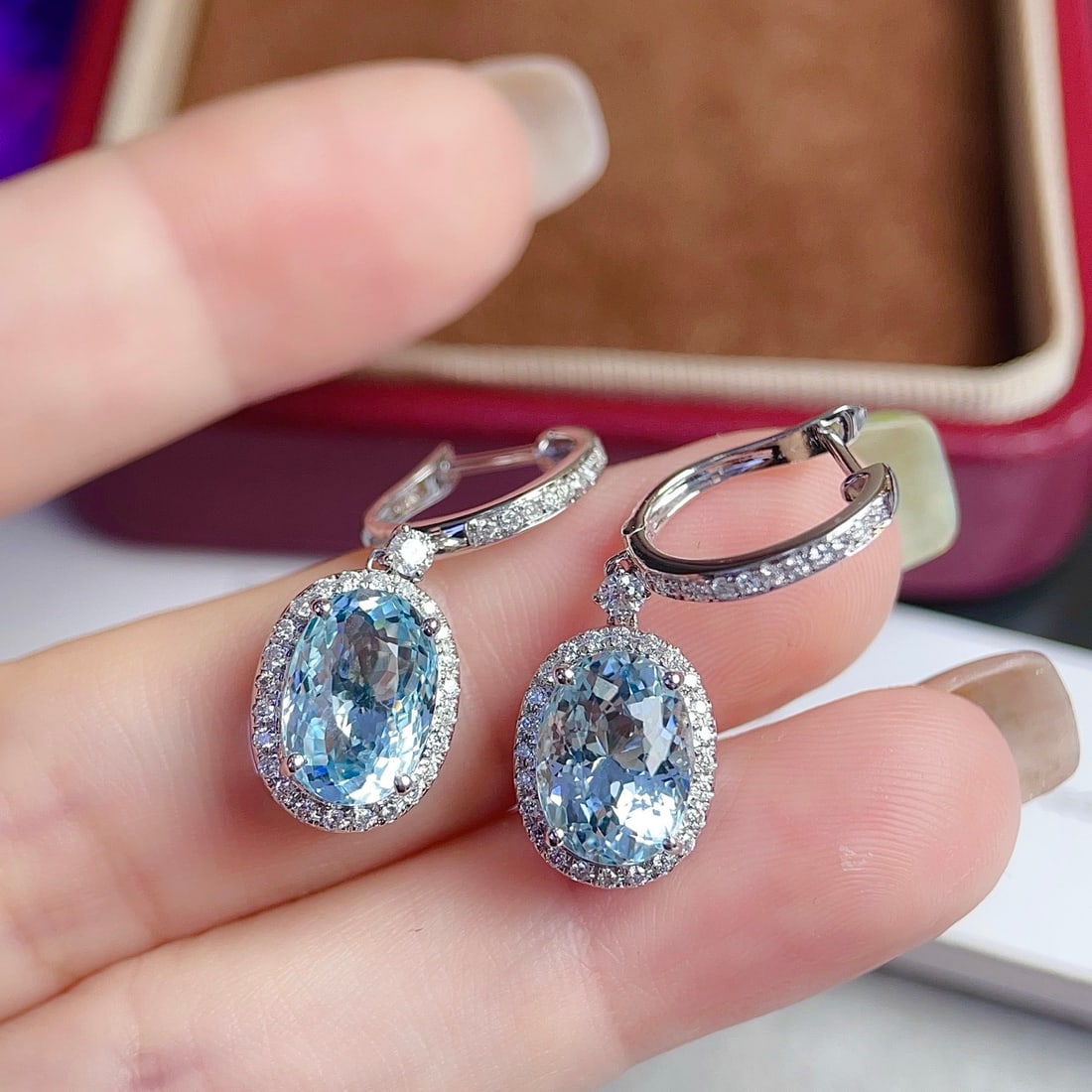 14k Gold 6.56 Ctw Natural Aquamarine & Diamond Earrings - 3