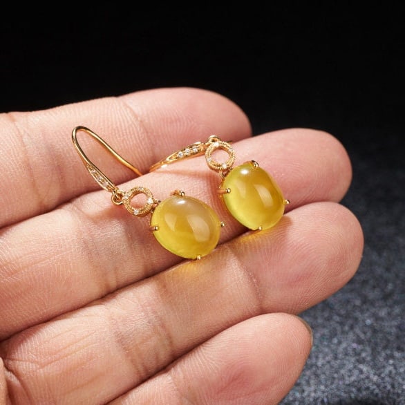 14k Gold 9.25 Ct Natural Prehnite & Diamond Earrings - 8