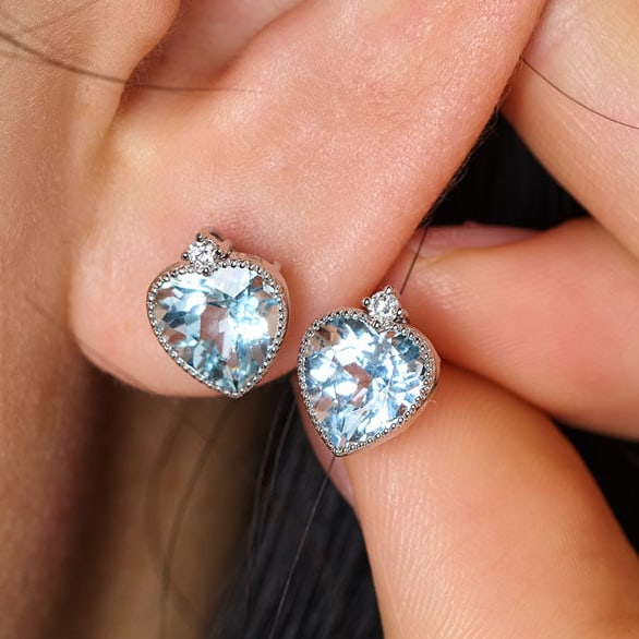 14k Gold 2.39 Ct Natural Aquamarine & Diamond Earrings - 7