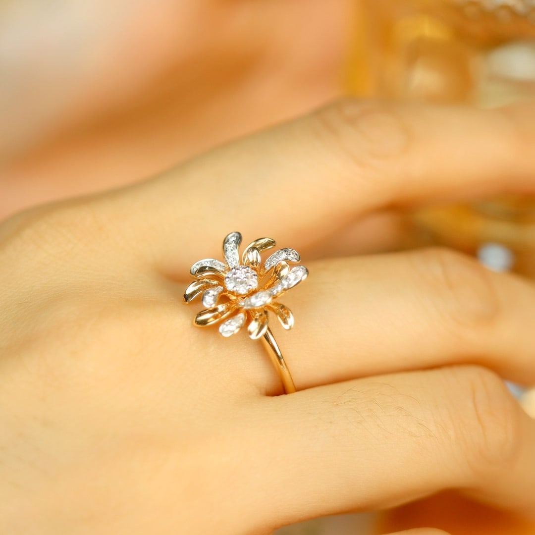 14k Gold 0.25 Ct Natural H Diamond & Flowers Ring - 4
