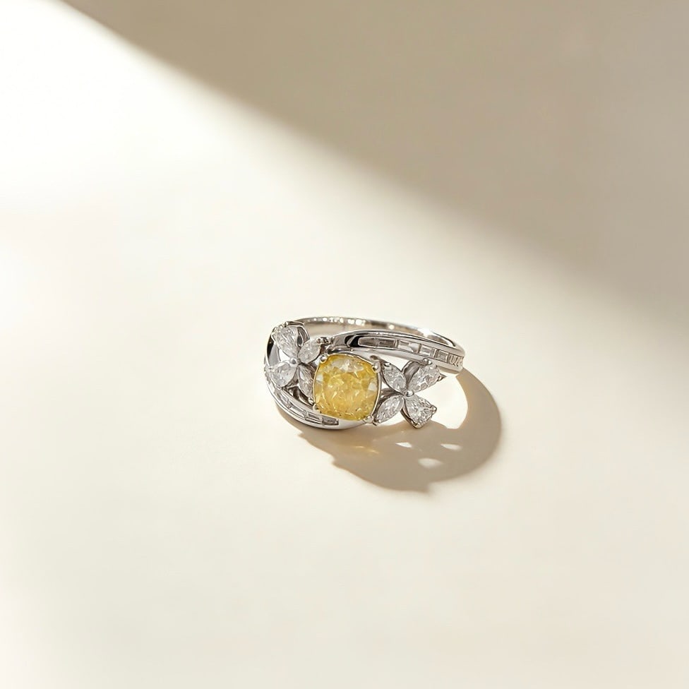 14k Gold 1.73 Ctw Natural Yellow Diamond & Diamond Ring: Ref:231150294 // gold content:14k gold // ring size:7. 25us // // main gemstone:yellow diamond // shape:cushion // carat weight:1. 01ct // color:yellow // treatment:natural // // adjacent gemstone 2