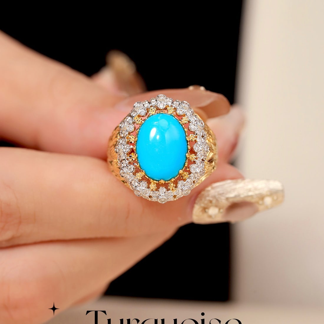 14k Gold 4.02 Ctw Natural Blue Turquoise & Diamond Ring: Ref:231150337 // gold content:14k gold // ring size:7. 25us // // main gemstone:blue turquoise // shape:oval // carat weight:3. 61ct // color:blue // treatment:natural // // adjacent gemstone 2 :