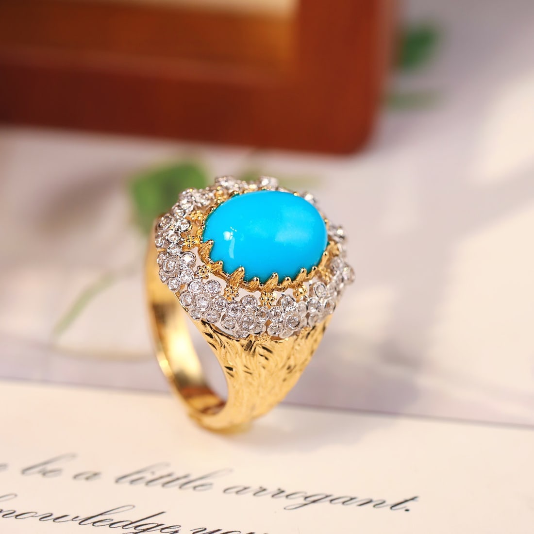 14k Gold 4.02 Ctw Natural Blue Turquoise & Diamond Ring - 4