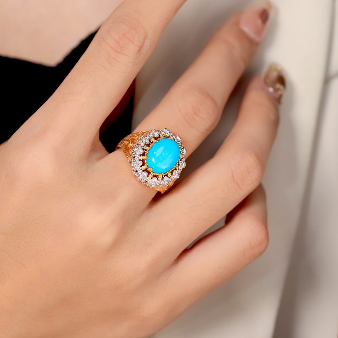 14k Gold 4.02 Ctw Natural Blue Turquoise & Diamond Ring - 5