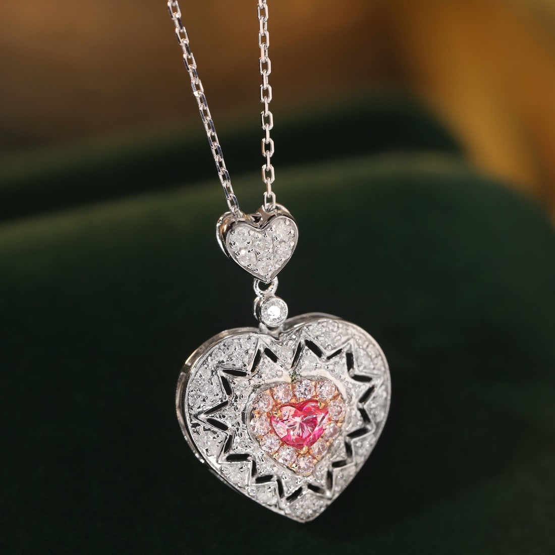 14k Gold 0.60 Ctw Natural Pink Diamond & Diamond Necklace: Ref:231150386 // gold content:14k gold // main gemstone:pink diamond // shape:heart // carat weight:0. 20ct // color:pink // treatment:natural // // adjacent gemstone 2 : diamond // shape:round //