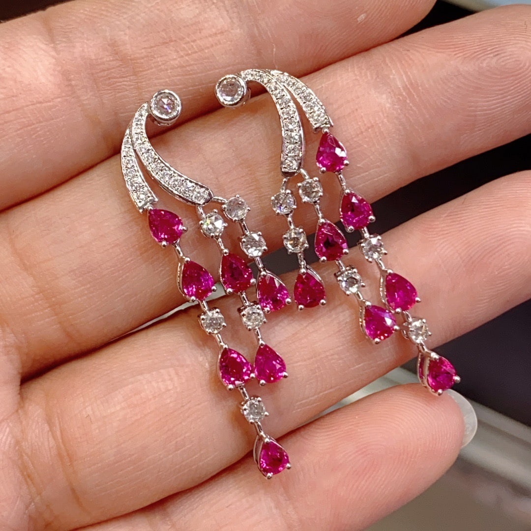 14k Gold 6.27 Ctw Natural Ruby & Diamond Earrings - 2