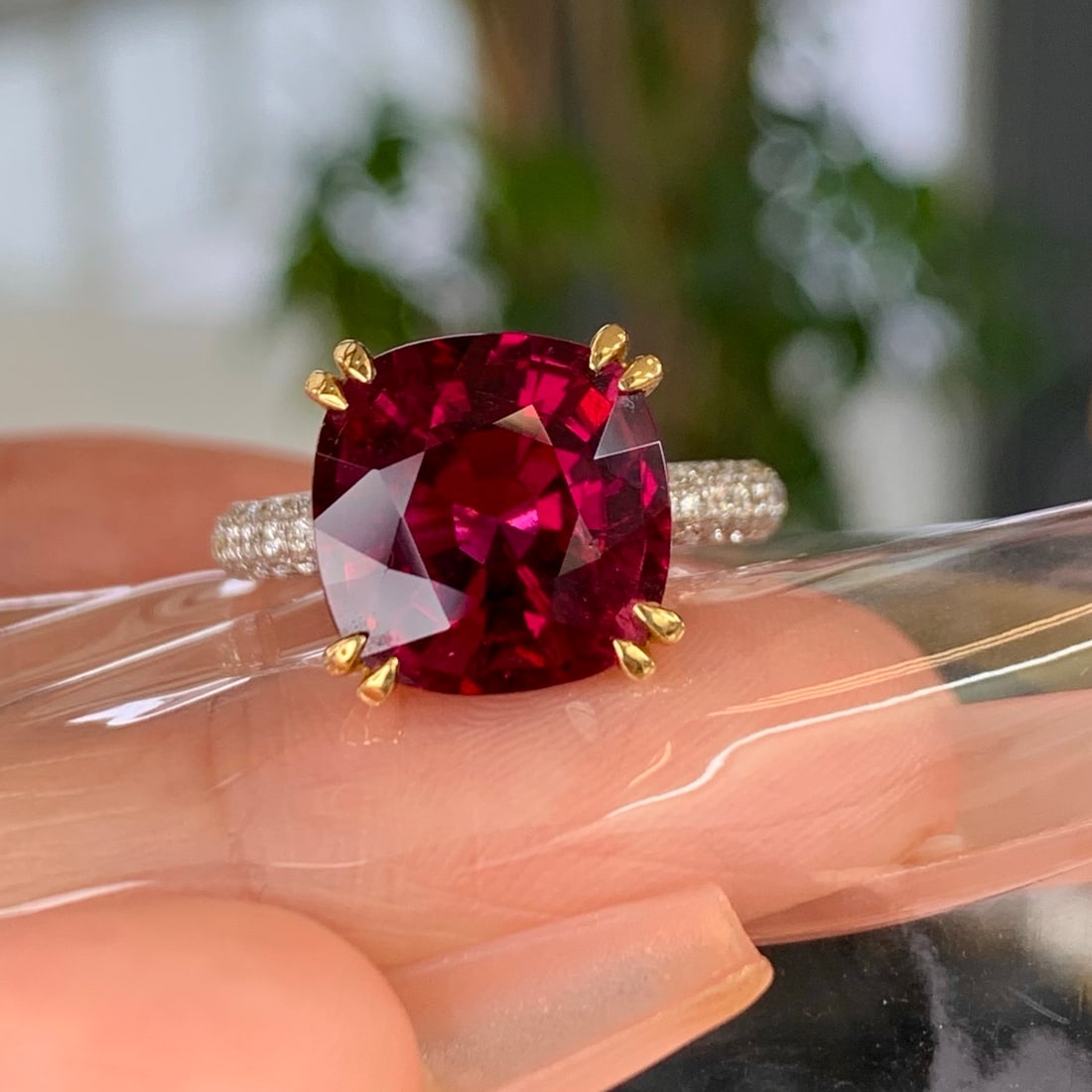 14k Gold 6.95 Ctw Natural Tourmaline & Diamond Ring: Ref:231150425 // gold content:14k gold // ring size:7. 25us // // main gemstone:tourmaline // shape:cushion // carat weight:6. 52ct // color:red // treatment:natural // // adjacent gemstone 2 :