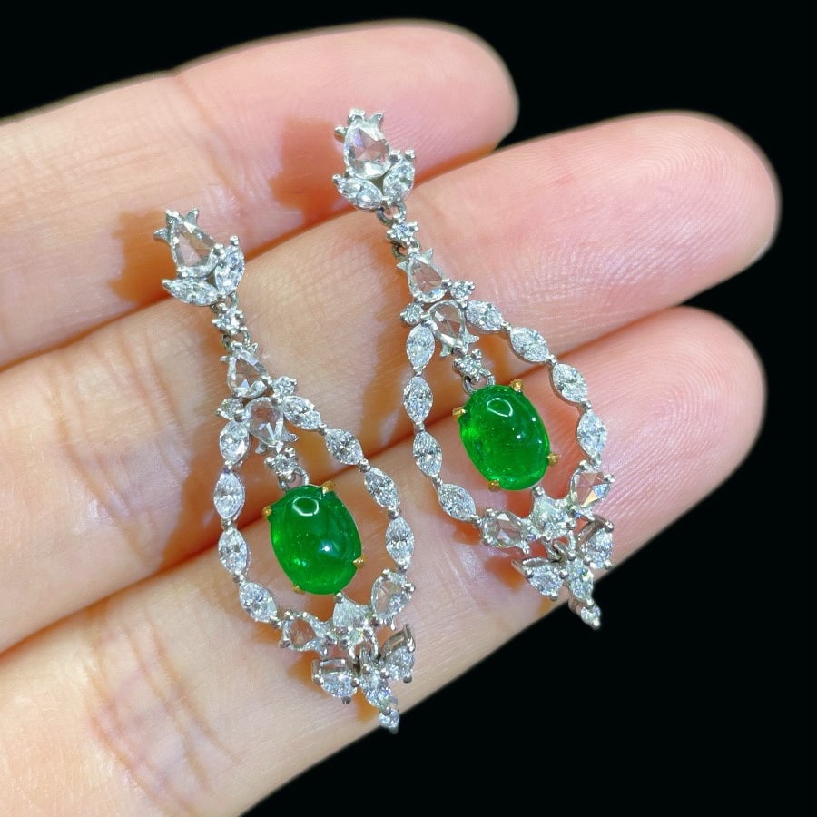 14k Gold 3.25 Ctw Vivid Green Natural Emerald & Diamond Earrings - 2
