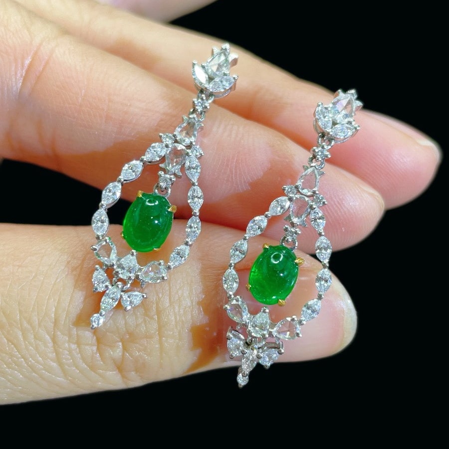 14k Gold 3.25 Ctw Vivid Green Natural Emerald & Diamond Earrings - 3