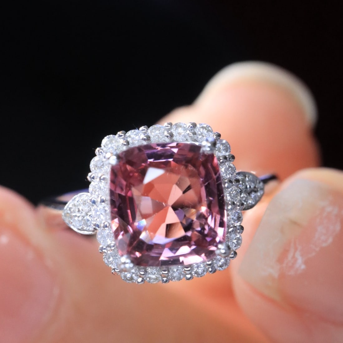 14k Gold 2.14 Ctw Natural Spinel & Diamond Ring: Ref:231150439 // gold content:14k gold // ring size:7. 25us // // main gemstone:spinel // shape:cushion // carat weight:1. 9ct // color:pink // treatment:natural // // adjacent gemstone 2 : diamond