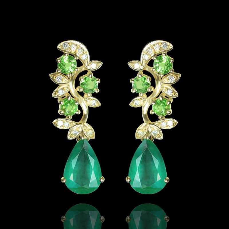 14k Gold 2.36 Ctw Natural Emerald & Tsavorite Earrings: Ref:231151005 // gold content:14k gold // main gemstone:emerald // shape:pear // carat weight:2. 15ct // color:green // treatment:natural // // adjacent gemstone 2 : tsavorite // shape:round // carat