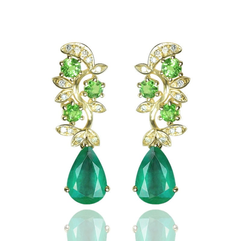 14k Gold 2.36 Ctw Natural Emerald & Tsavorite Earrings - 2