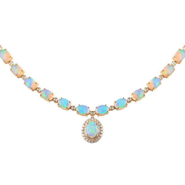 14k Gold 5.78 Ctw Natural Opal & Diamond Necklace - 5