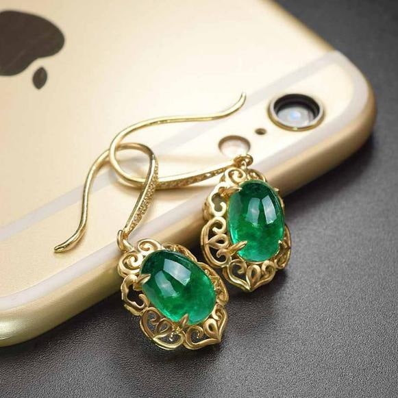 14k Gold 3.42 Ct Natural Emerald & Diamond Earrings - 2